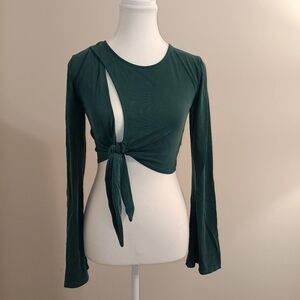 Urban Outfitter Woman Size Small Wrapped Cropped Green Top Flared Long Sleeve